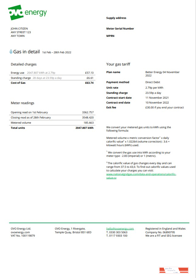United Kingdom Ovo Energy utility bill, Word and PDF template
